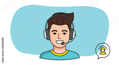 Friendly male customer service representative wearing a headset for communication on a bright blue background illustration.