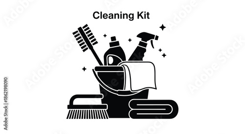 Black and white silhouette of a cleaning kit including a bucket, towels, brushes, and cleaning agents with descriptive text.