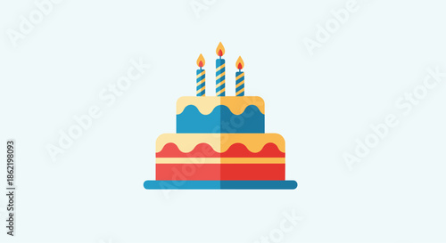 Three-tiered birthday cake with colorful blue and yellow frosting and three lit candles on a light blue background.