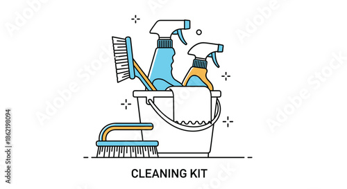 Professional cleaning kit containing brushes, spray bottles, and a bucket for household sanitation and daily hygiene maintenance.