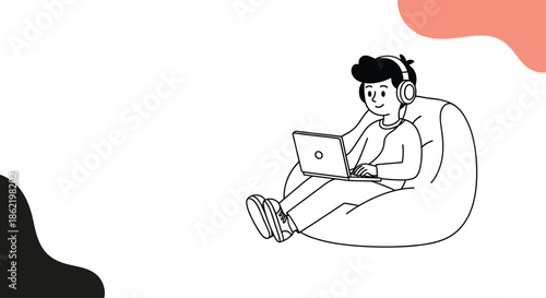 Minimalist line drawing of a person sitting comfortably on a bean bag chair while using a laptop with headphones.