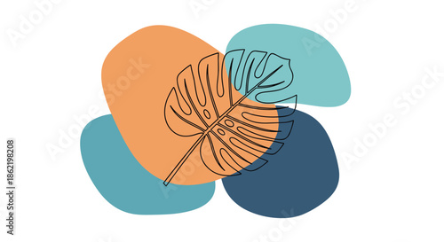 Artistic line drawing of a Monstera deliciosa leaf superimposed on abstract organic shapes in warm earthy tones.