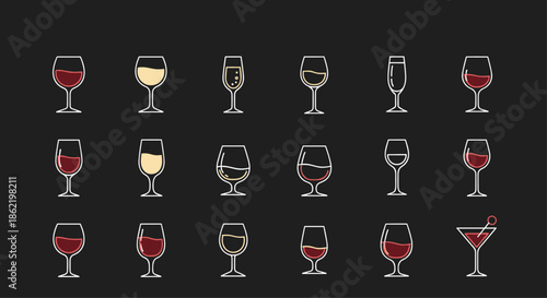 Large collection of diverse wine and cocktail glass icons arranged in a grid pattern on a dark grey background.