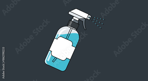 Clean illustration of a spray bottle releasing a fine blue mist of liquid against a solid dark grey background.