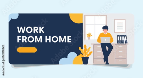 Work from home banner concept featuring person sitting at desk with laptop in modern office environment background.