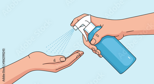 Colorful illustration of a hand spraying disinfectant or sanitizer onto another open palm for germ protection.
