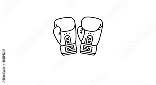 Simple black and white outline illustration of pair of boxing gloves used for professional sports and training.
