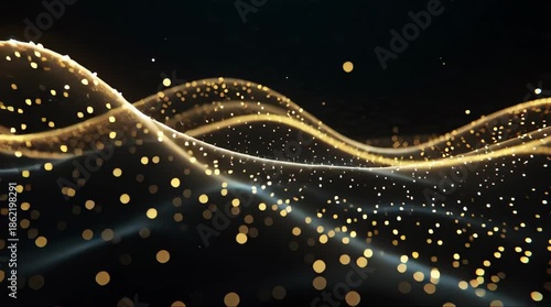 A stunning video visualization of glowing golden particles flowing in waves across a dark background