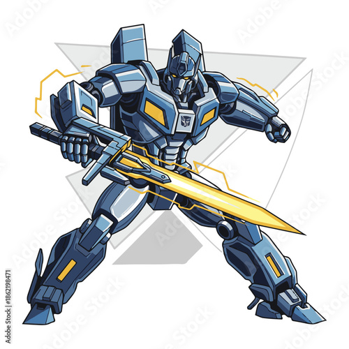 Futuristic transformer robot with sharp sword that has impact effect and energy explosion, ideal for battle scenes, game sprites and sci-fi weaponry graphics.