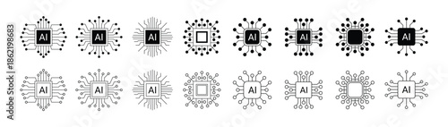 Artificial intelligence icon design emblem collection. AI Circuit chip digital smart mind network symbol vector illustration.