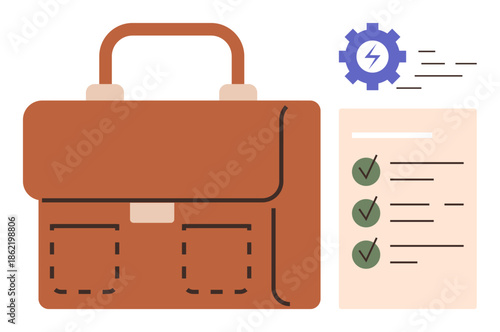 Brown briefcase next to a checklist with green checkmarks and a gear icon representing productivity. Ideal for business, planning, organization, goals, management, efficiency, and workflow. Minimal