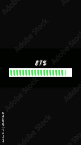 Animated fifty percent green progress bar hud interface digital motion graphics vertical video. Green progress bar animation loading complete upload download seamless loop vertical video.