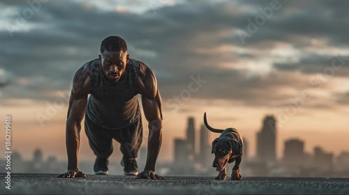 A powerful giant doing pushups and a small dog together in a cityscape video at sunset