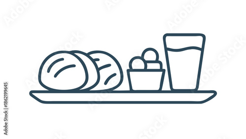 Minimalist vector icon of a breakfast tray with bread, eggs, and a glass of milk, representing Suhoor, flat line style.
