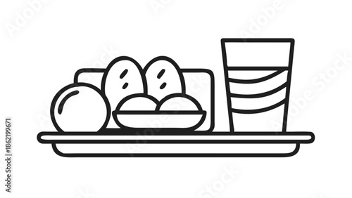 Minimalist vector icon of a breakfast tray with bread, eggs, and a glass of milk, representing Suhoor, flat line style.
