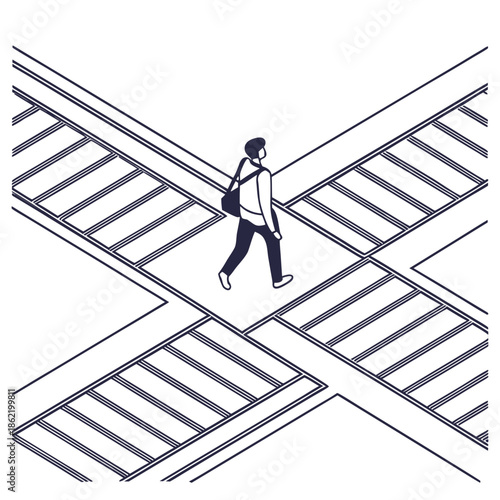 Person walking across intersecting stairs