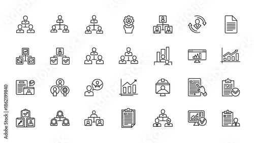 A set of 28 outline-style illustrations focused on business, management, and organizational concepts, displayed with minimalistic details and clean lines