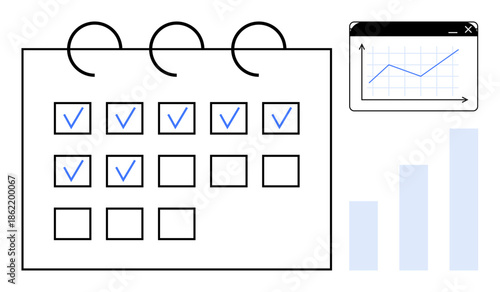 Calendar concept. Calendar highlighting tasks and progress tracking paired with data analysis charts for planning. Calendar aiding organized scheduling and efficiency improvement. For business, task