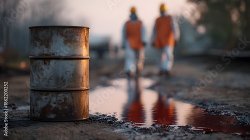 Wallpaper Mural A rusty barrel and a hazardous spill on the ground with hazmat suited workers in the background Torontodigital.ca