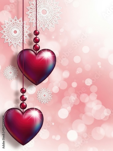 Beautiful red hanging hearts with pink background