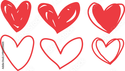 Red Heart doodles set. Hand drawn hearts collection Vector illustration over white background. Romance and love illustrations