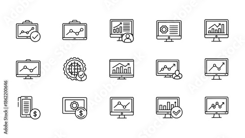 A set of 15 various business and financial icons, all in a black line art style, depicting graphs, charts, and digital devices