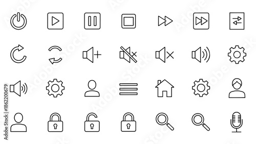 A set of 28 simple line art icons including power, play, pause, stop, volume, settings, user, home, search, lock, and microphone