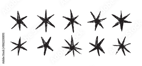 Grunge black stars brush spray paint. Hand drawn doodle stars texture, rough modern elements.