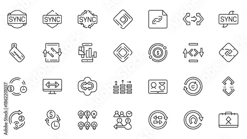 A set of 28 outline vector icons with various shapes.  All icons are black with white backgrounds. Images depict data, finance, and information