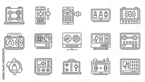 A linear collection of control panels, screens, and devices with dials, buttons, gauges, and displays, presented in a monochrome style