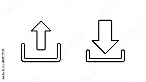 A minimalist icon set. One depicts an upload, the other a download, represented by an upward and downward arrow over a tray. Black lines on white