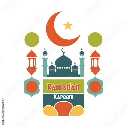 Ramadan Kareem celebration with mosque and crescent moon in Islamic architecture