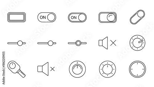 A set of 15 minimalistic, black and white line art icons depicting various control and interface elements.  These include switches, sliders and dials