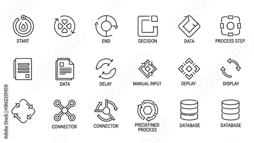 A set of 18 simple, black and white outline illustrations used for flowcharts, diagrams, or process visualizations, showing workflow steps, data points, and actions
