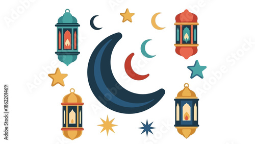The festive lanterns and crescent moon shine brightly in the night sky amidst stars.