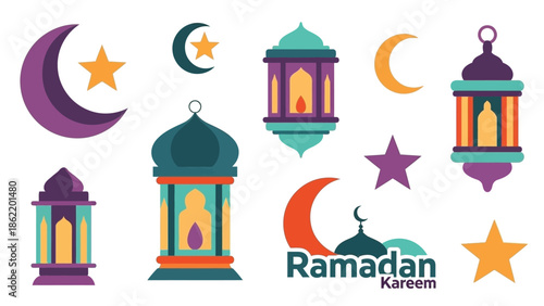 Colorful Ramadan Kareem lanterns and crescent moons decorate a festive scene with vibrant stars and lights