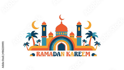 Vibrant Ramadan Kareem illustration depicts a mosque with crescent moons and palm trees under a colorful archway