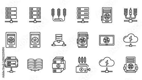 A set of 15 minimalistic black and white vector icons related to technology, computing, servers, and data storage