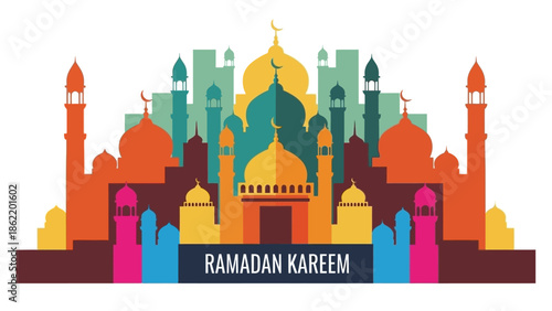 Vibrant illustration of a mosque cityscape during Ramadan with colorful buildings and minarets