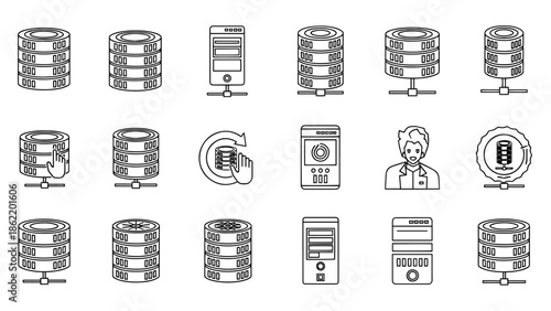A collection of various outline icons related to servers, data storage, and digital information management, arranged in a grid