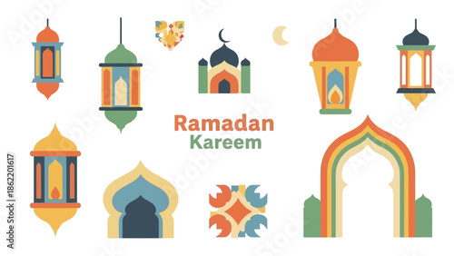 Vibrant Ramadan Kareem celebration with colorful lanterns and mosque architecture at night
