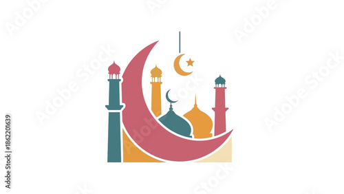 A serene nighttime scene of a mosque under a crescent moon with minarets and domes