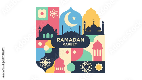 Vibrant Ramadan Kareem celebration scene with mosque domes and crescent moon in a colorful night setting