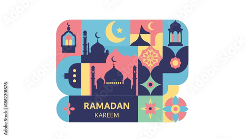 Vibrant Ramadan Kareem illustration features mosques, lanterns, and crescent moon in colorful patterns