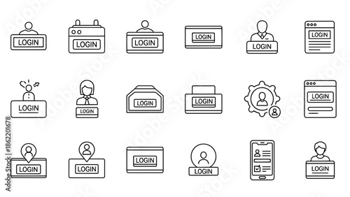 A collection of various outline icons related to login and user access, featuring different visual representations of people and interfaces