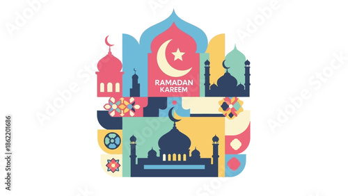 Vibrant Ramadan decorations adorn a mosque at dusk with crescent moon and lanterns in a festive Islamic cultural setting