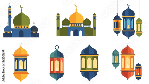 Vibrant colorful lanterns hang outside mosques during a festive evening celebration.