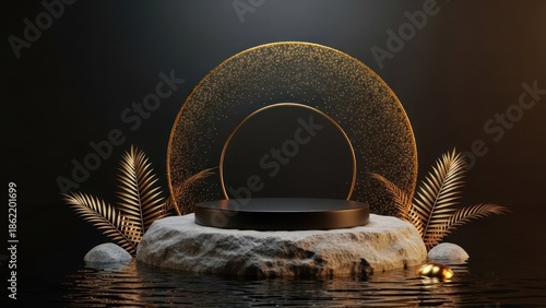 A black platform on a rock with golden accents and foliage, set in dark water