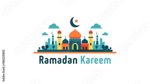 A vibrant illustration of a mosque scene during Ramadan Kareem celebrations