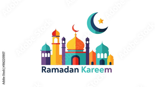 Vibrant Ramadan Kareem celebration with colorful mosque architecture under crescent moon and star at night